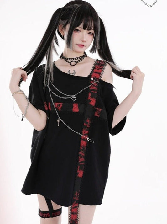 オフショルレースクロスストラップアシメTシャツ - LilyBlack