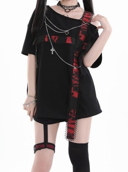 オフショルレースクロスストラップアシメTシャツ - LilyBlack