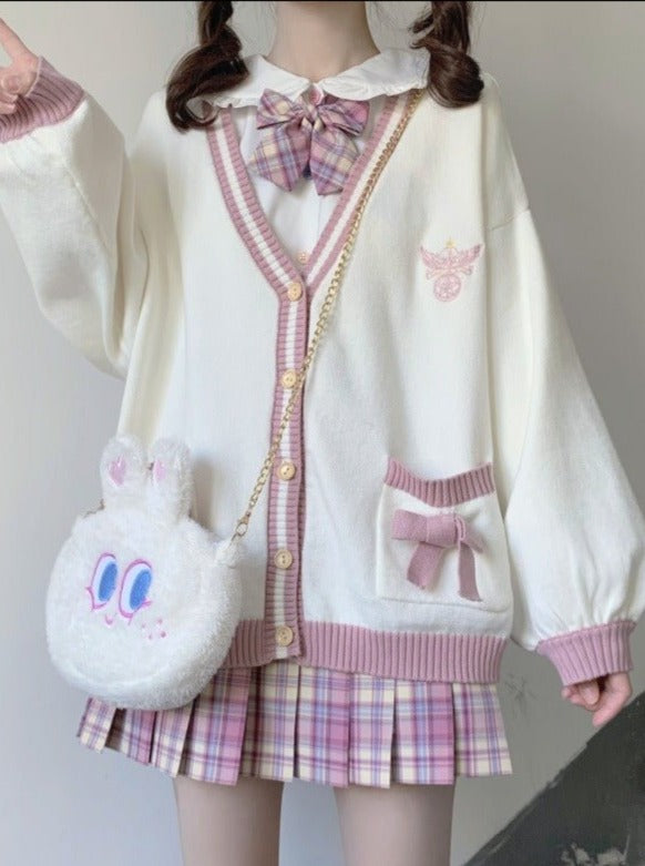 ダブルポケットリボンVネックラインニットカーディガン - LilyBlack