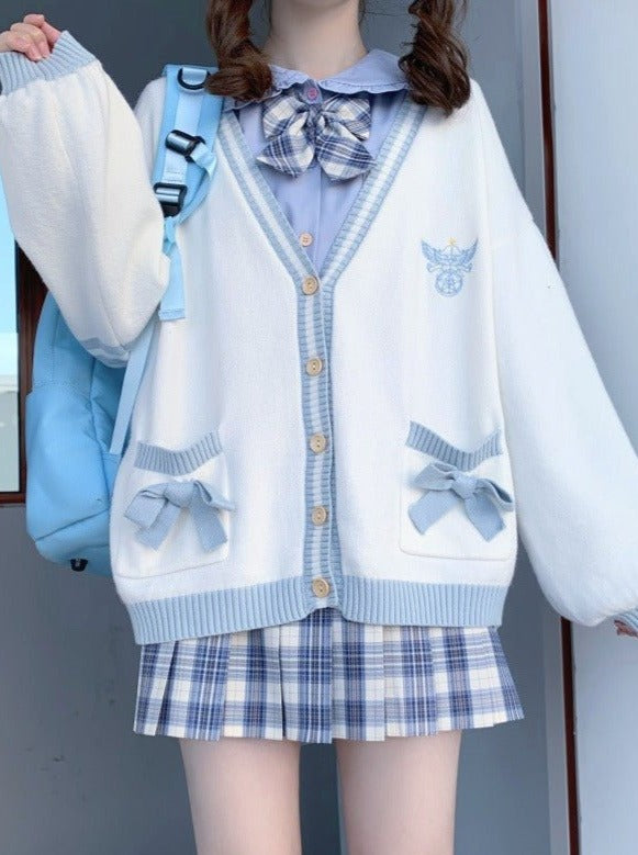 ダブルポケットリボンVネックラインニットカーディガン - LilyBlack