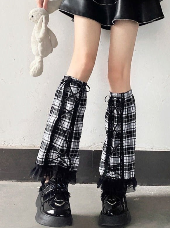 レースアップレッグカバー【White,Check,Black】 - LilyBlack