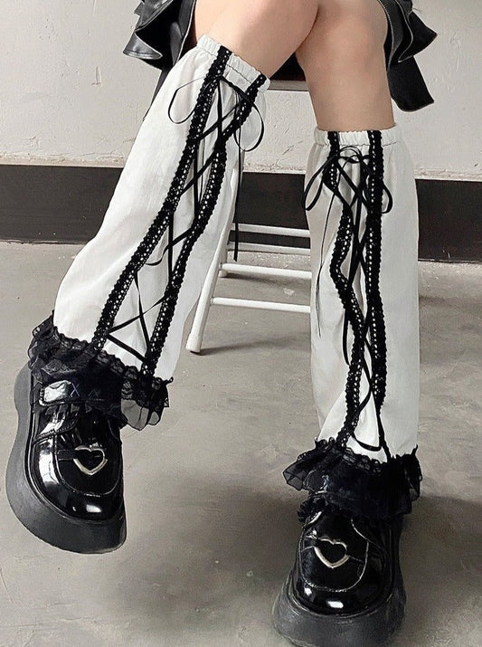 レースアップレッグカバー【White,Check,Black】 - LilyBlack