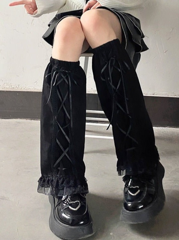レースアップレッグカバー【White,Check,Black】 - LilyBlack