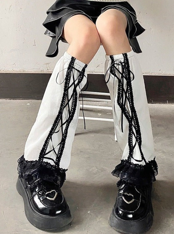 レースアップレッグカバー【White,Check,Black】 - LilyBlack